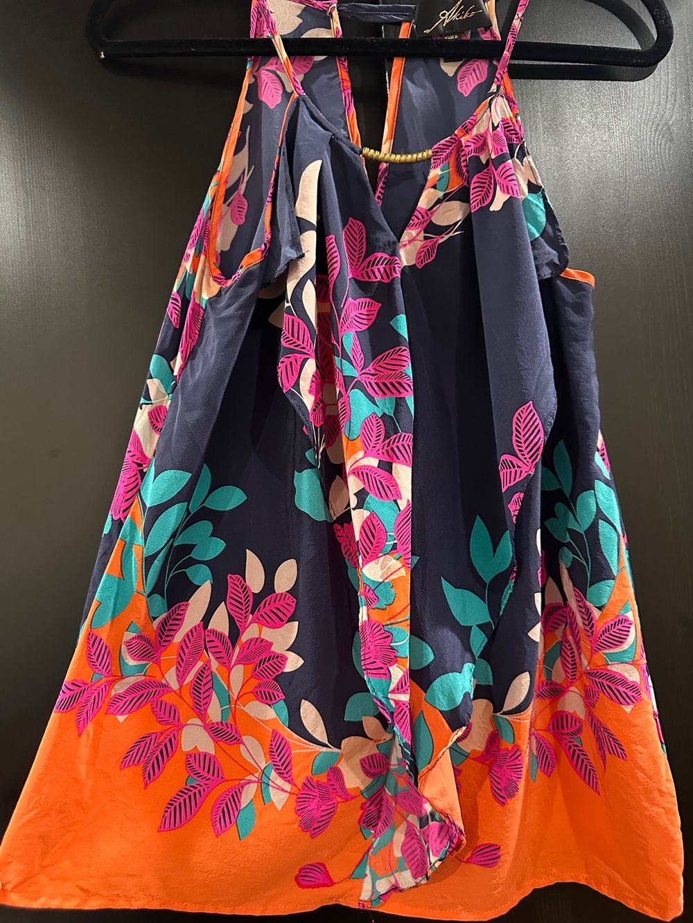 Akiko Silk Navy Tank with Pink, Teal & Orange Leaf Border